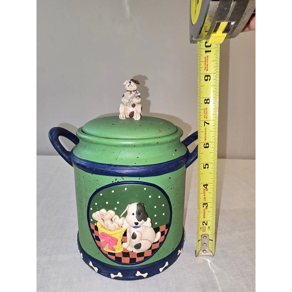 New Debco Intl Dog Treat Jar Green Blue Ceramic Puppy Figurine Lid OS SEE PHOTO